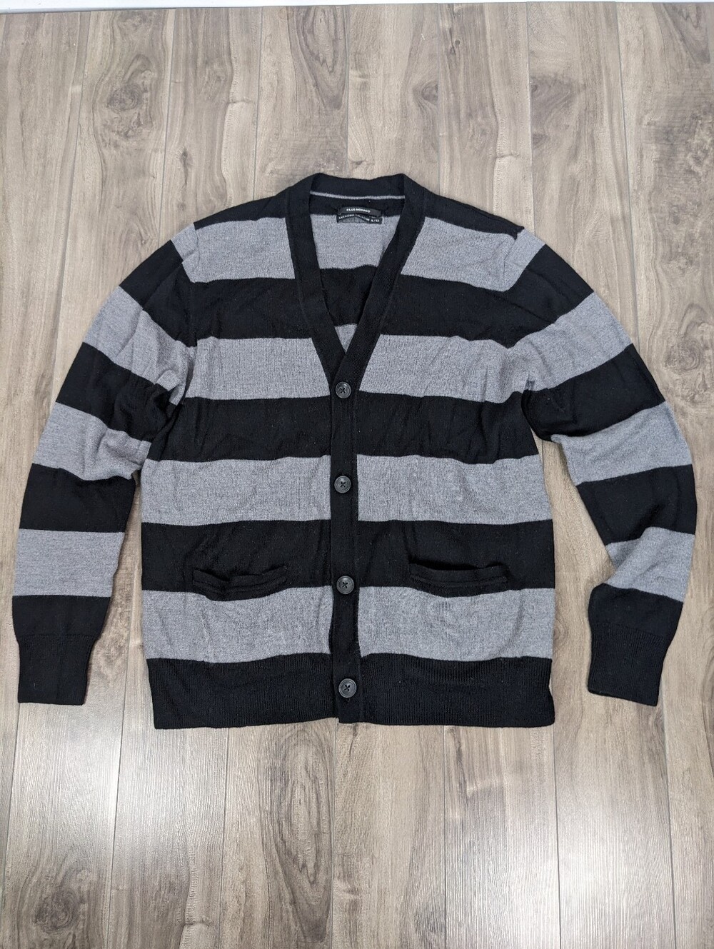 Club Monaco Men's Cardigan Size XL Grey Black Striped 100% merino wool